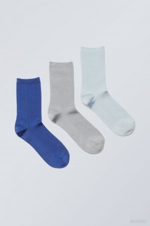 Weekday 3-pack Lova Shiny Socks 青 グレー | ZUCO0579