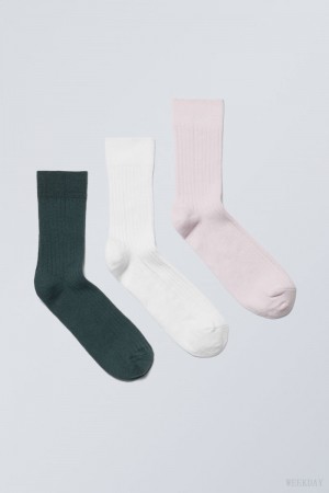 Weekday 3-pack Selma Socks 青 白 ピンク | LXMY7520