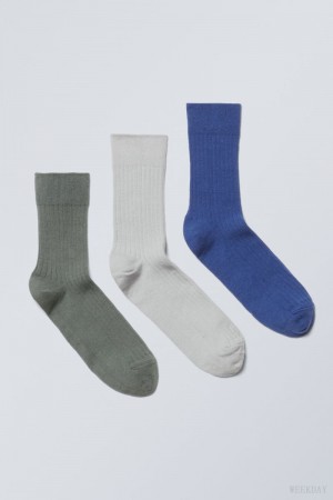 Weekday 3-pack Selma Socks 青 グレー 緑 | YIAN1600