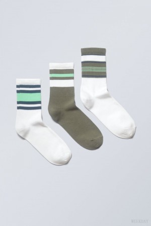 Weekday 3-pack ストライプ 運動 Socks 緑 | BGSE9990