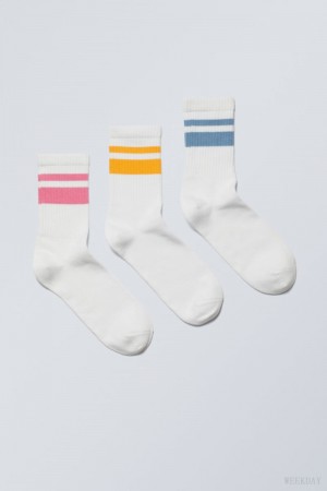 Weekday 3-pack ストライプ 運動 Socks ピンク 黄色 青 | QXMQ1443