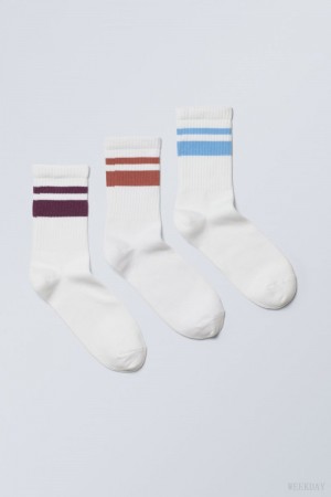 Weekday 3-pack ストライプ 運動 Socks 紫 オレンジ 青 | VMGJ5230