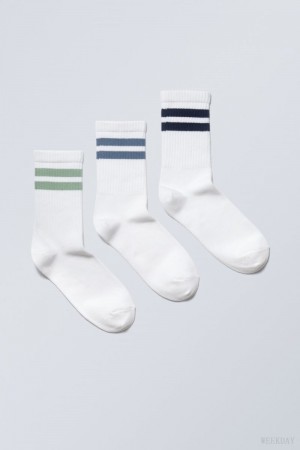 Weekday 3-pack 運動 ストライプ Socks 黒 青 緑 | ZBXQ8696