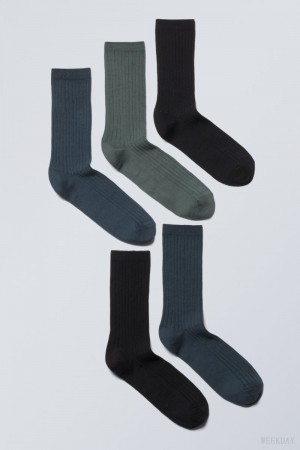 Weekday 5-pack Rib Socks 暗グレー 青 緑 | OSBA0656