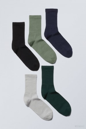 Weekday 5-pack 運動 Socks 緑 黒 グレー ネイビー | BMJQ5195