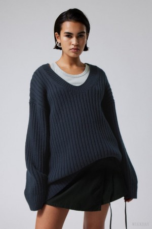 Weekday Eden Oversized ウール Blend Sweater ネイビー | NGGN8672