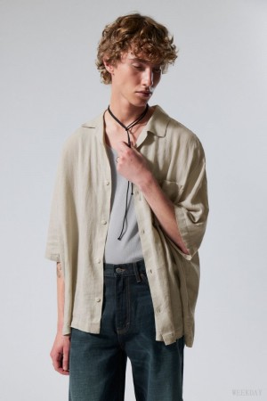 Weekday Oversized Linen Short Sleeve Shirt Ecru | LWPF4096