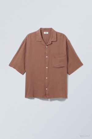 Weekday Oversized Linen Short Sleeve Shirt ブラウン | BSBY4034