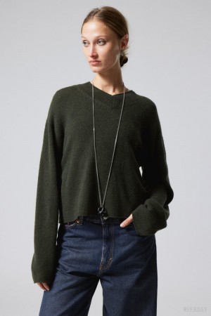 Weekday Reese V-neck ウール Sweater 暗緑 | MUXS4583