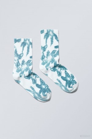 Weekday 運動 Printed Socks 青 花柄 | ACUC6554