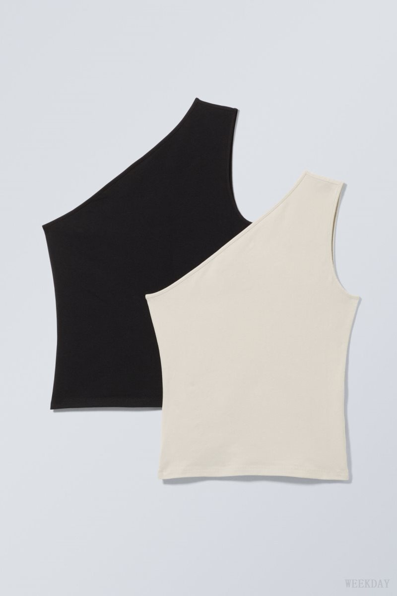 Weekday 2-pack Cindy One Shoulder Tank Top 黒 ベージュ | CBQQ9913