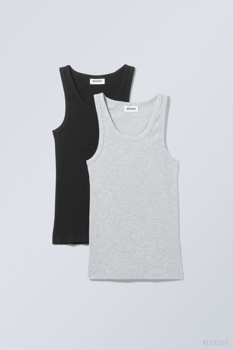 Weekday 2-pack Close Fitted Rib Tank Top 黒 グレー | MXQX9740