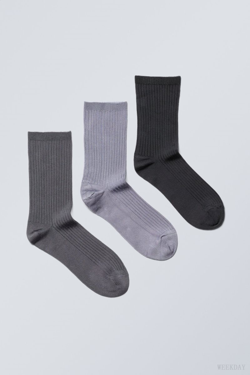 Weekday 3-pack Lova Shiny Socks 暗グレー ライトグレー 黒 | NRNE9184