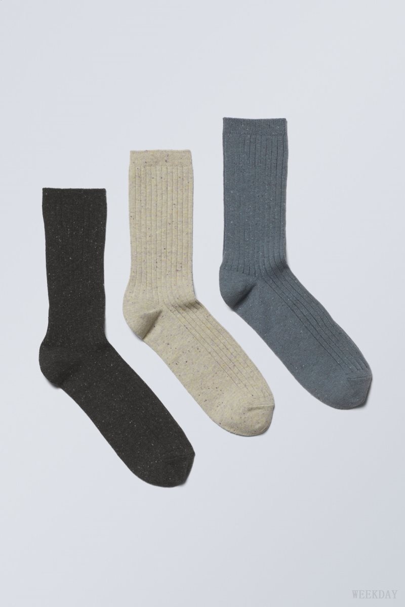 Weekday 3-pack Rib Neps Socks 黒 ベージュ 青 | VMXQ6279