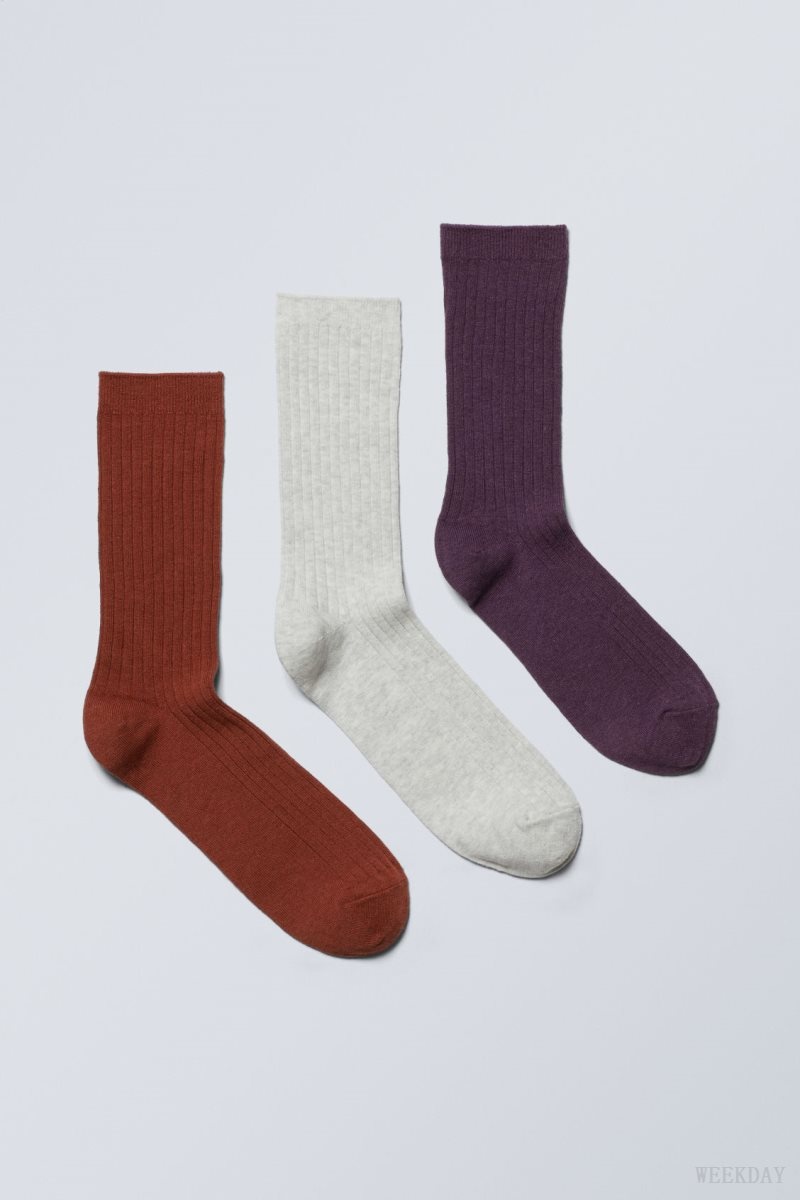 Weekday 3-pack Rib Socks オレンジ ベージュ 紫 | BRGB0560