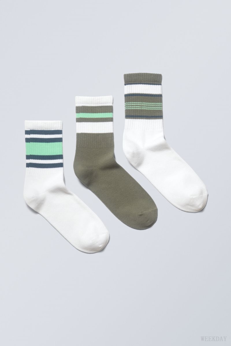 Weekday 3-pack ストライプ 運動 Socks 緑 | BGSE9990