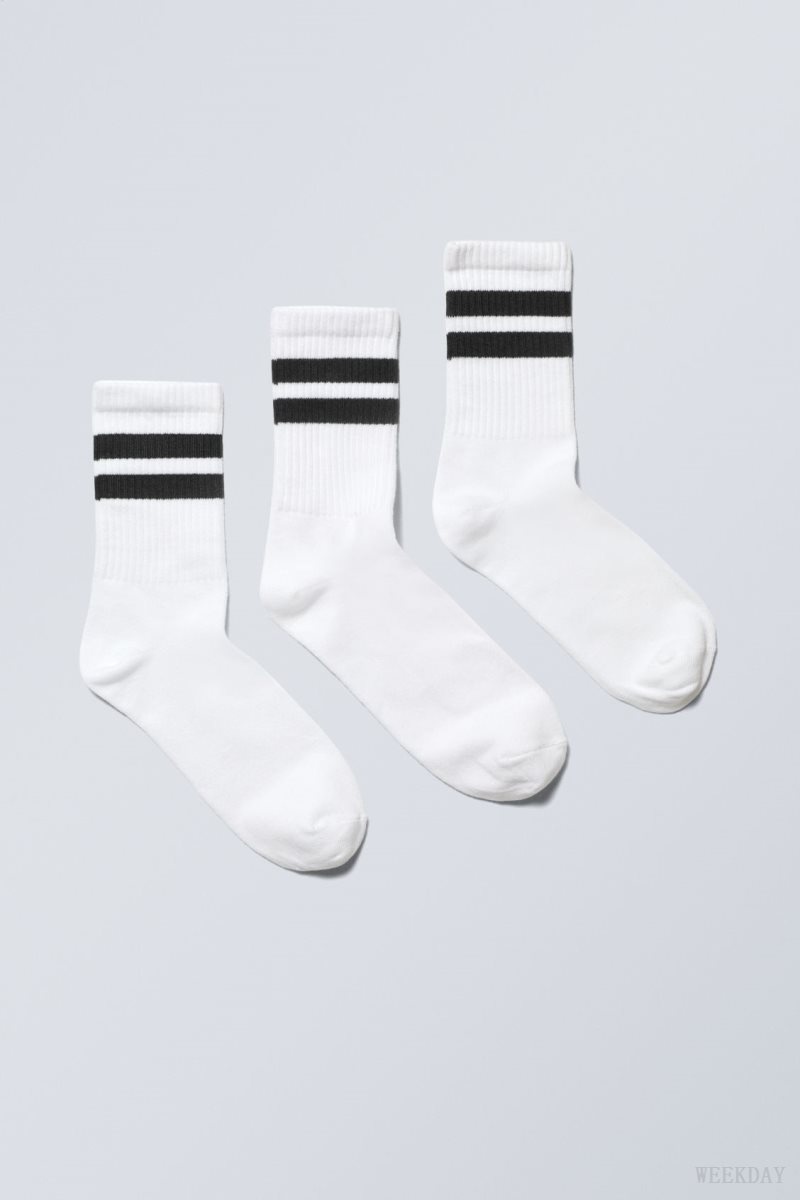 Weekday 3-pack 運動 ストライプ Socks 白 ライト | BRAQ6481