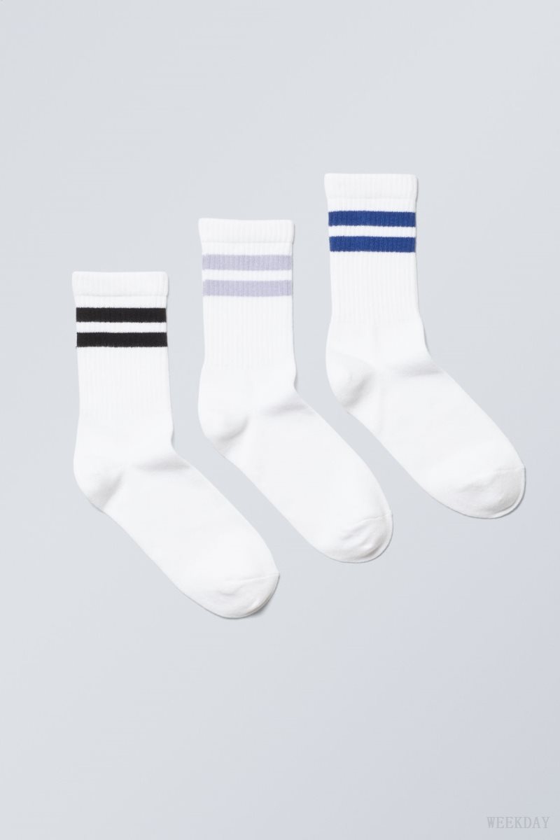 Weekday 3-pack 運動 ストライプ Socks 黒 紫 青 | OMBO6724