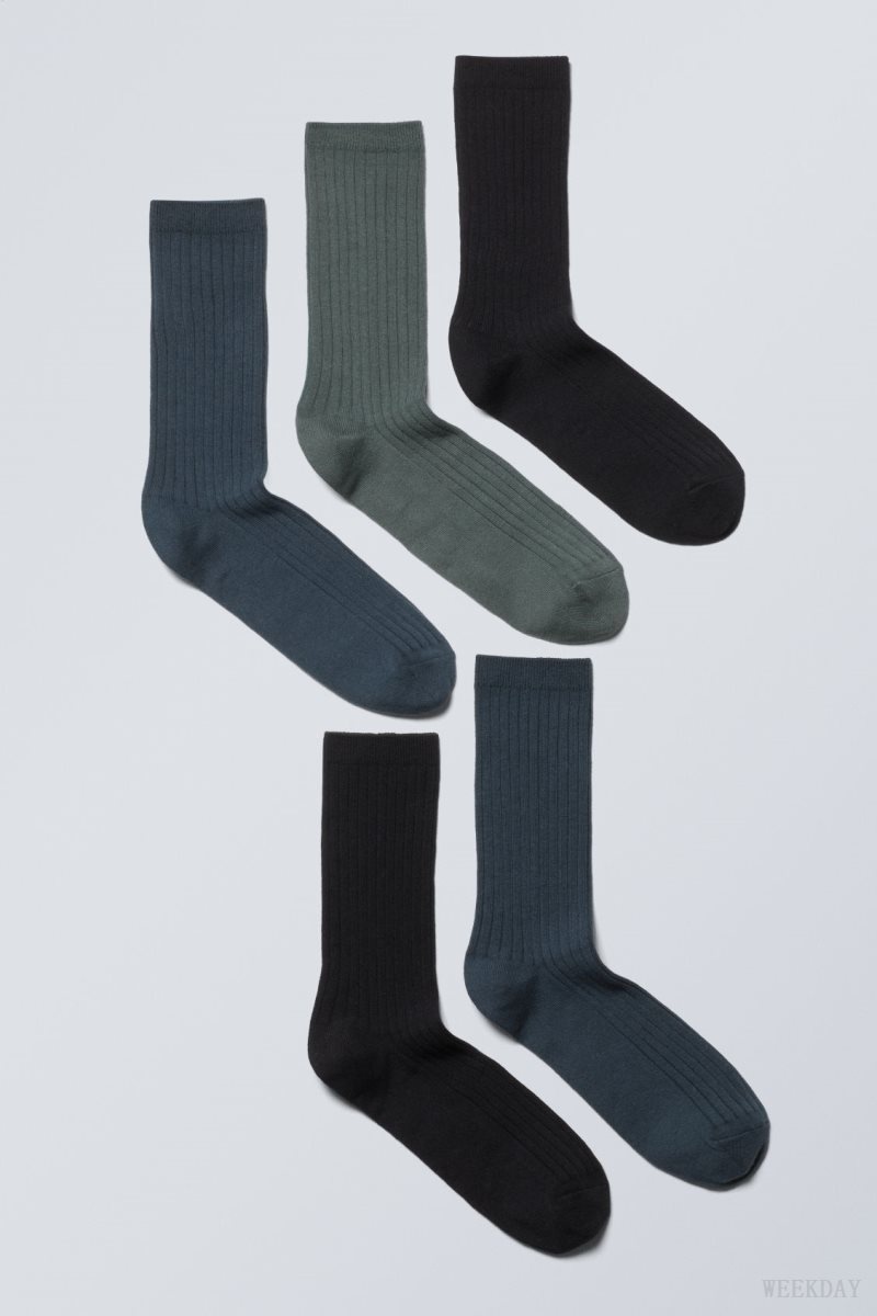 Weekday 5-pack Rib Socks 暗グレー 青 緑 | OSBA0656