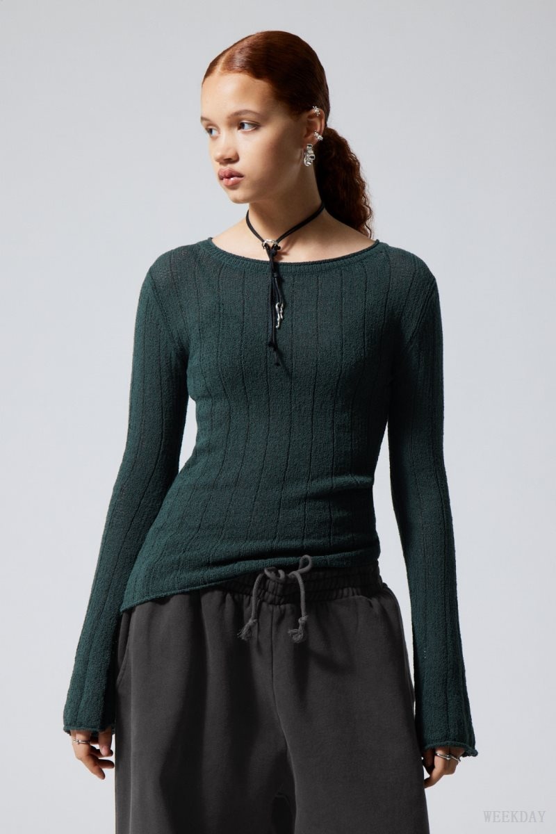 Weekday Anessa Sheer Knit Sweater Petrol | GYUL6199