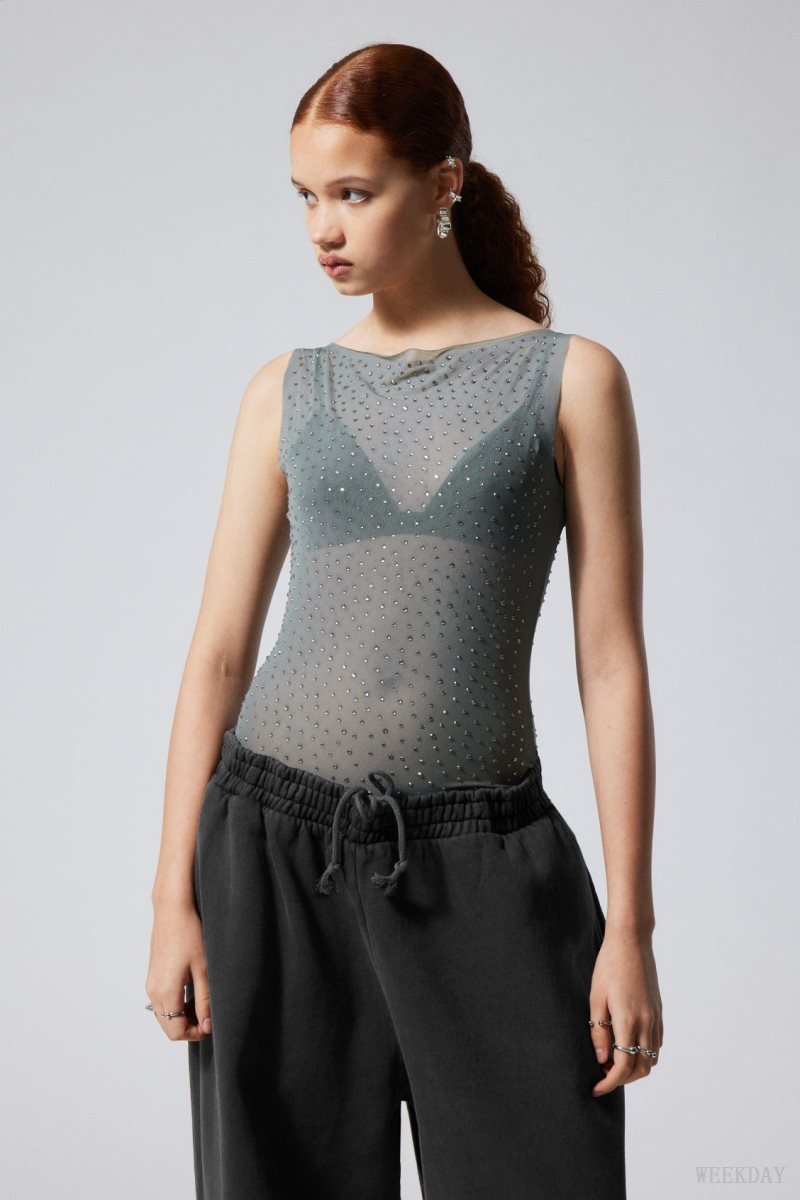 Weekday Annie Rhinestone Mesh Top グレー | RRFH9466