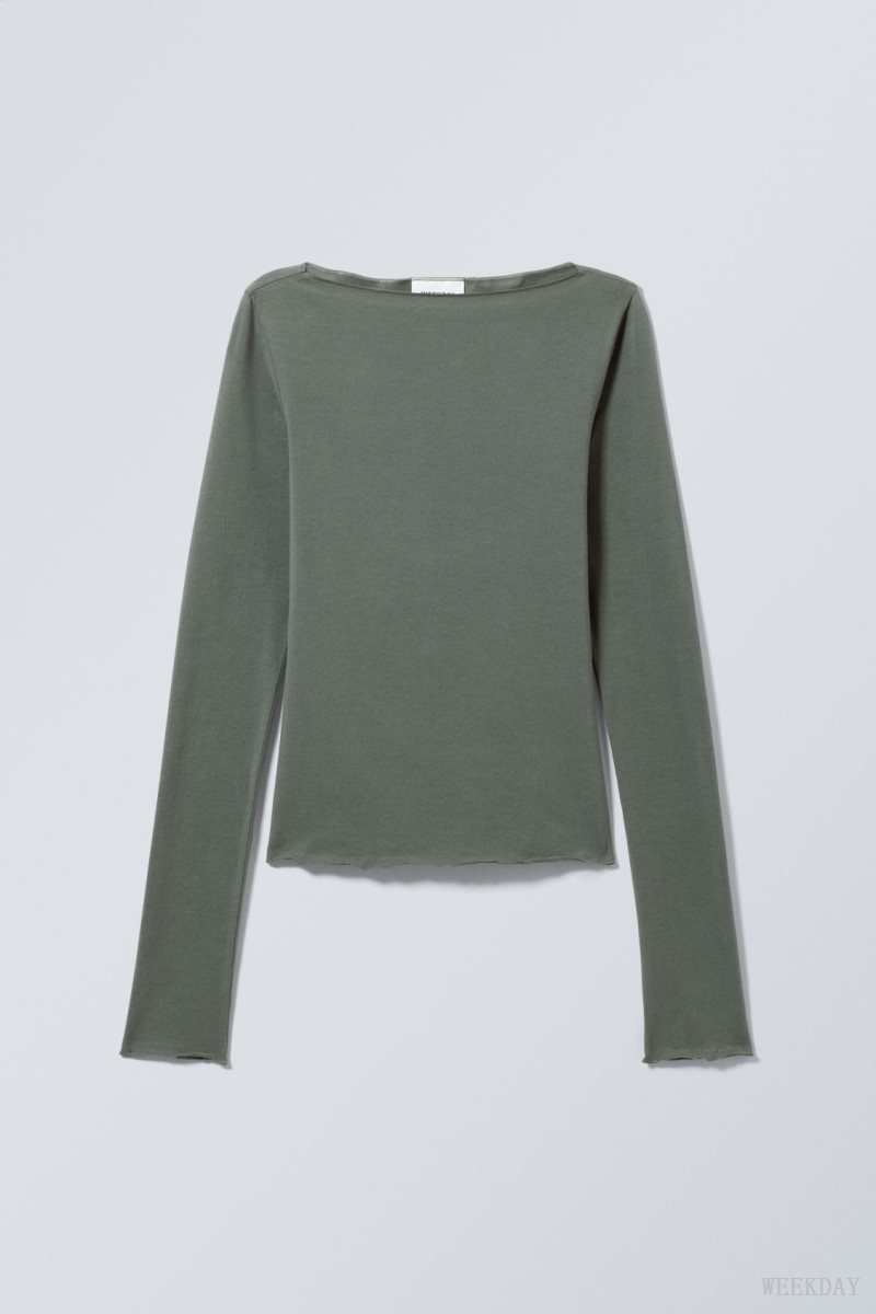 Weekday Boatneck Cotton Longsleeve 暗グレー | ZYRN6999