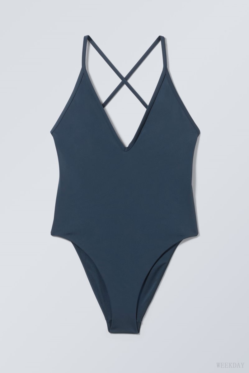 Weekday Deep V-neck Swimsuit ネイビー | FXPC0740