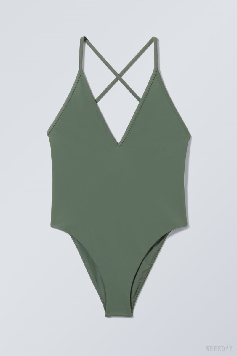 Weekday Deep V-neck Swimsuit 緑 | MWBS5312