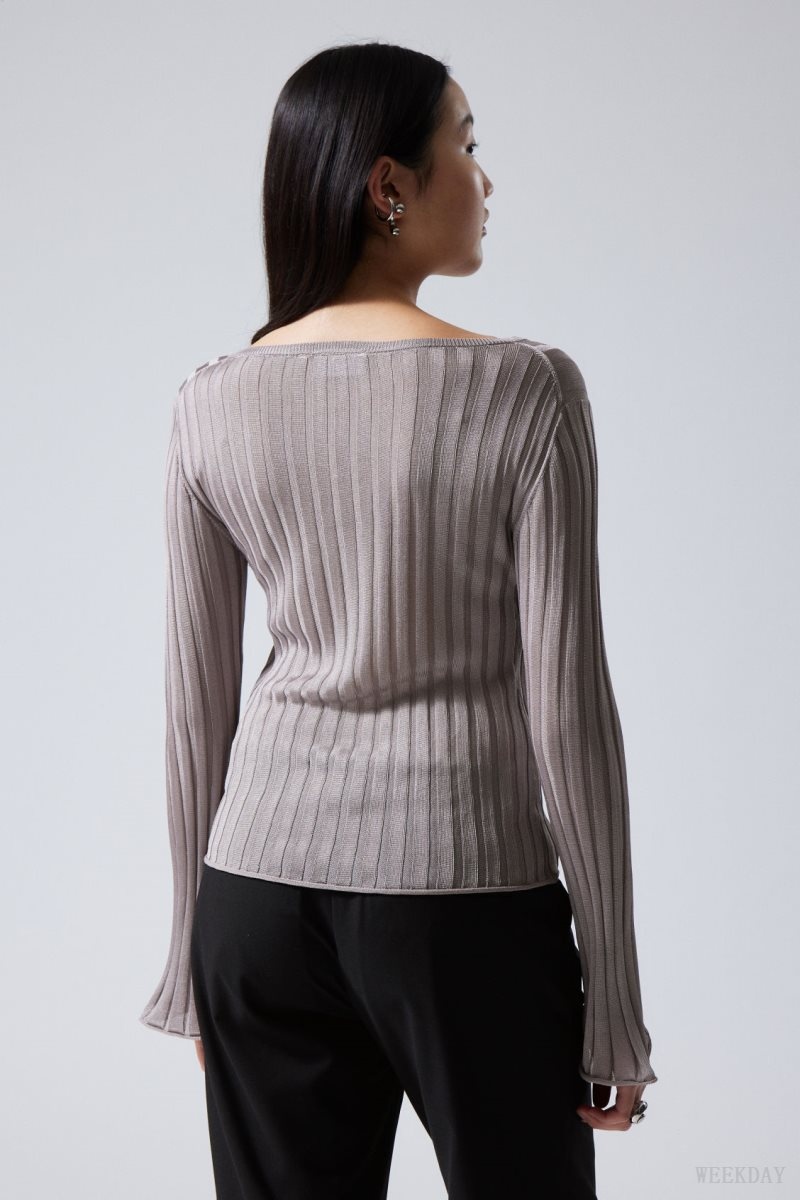 Weekday Enora Sheer Knit Long Sleeve Top ライトグレー | PGMW7821