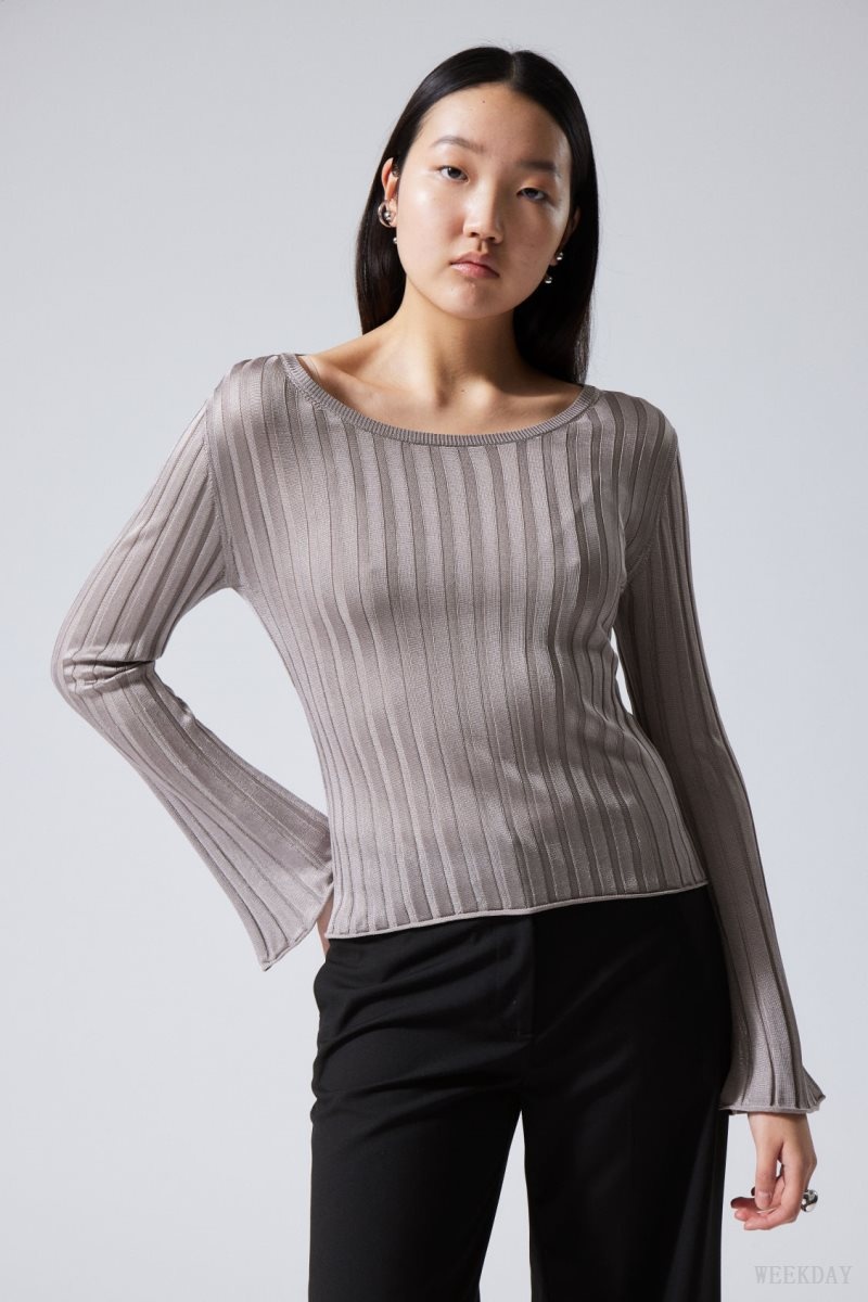 Weekday Enora Sheer Knit Long Sleeve Top ライトグレー | PGMW7821