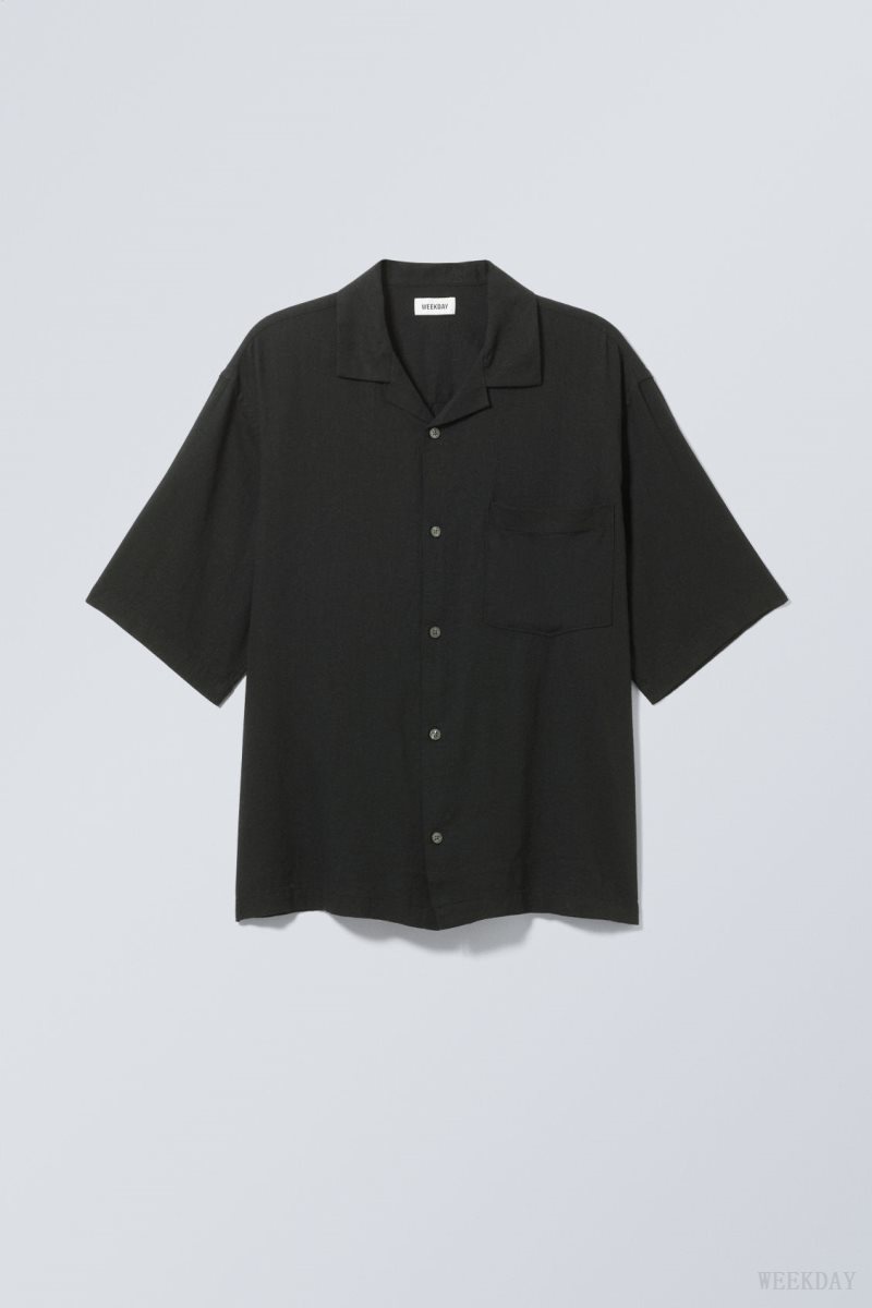 Weekday Oversized Linen Short Sleeve Shirt 黒 | ZVGK0122