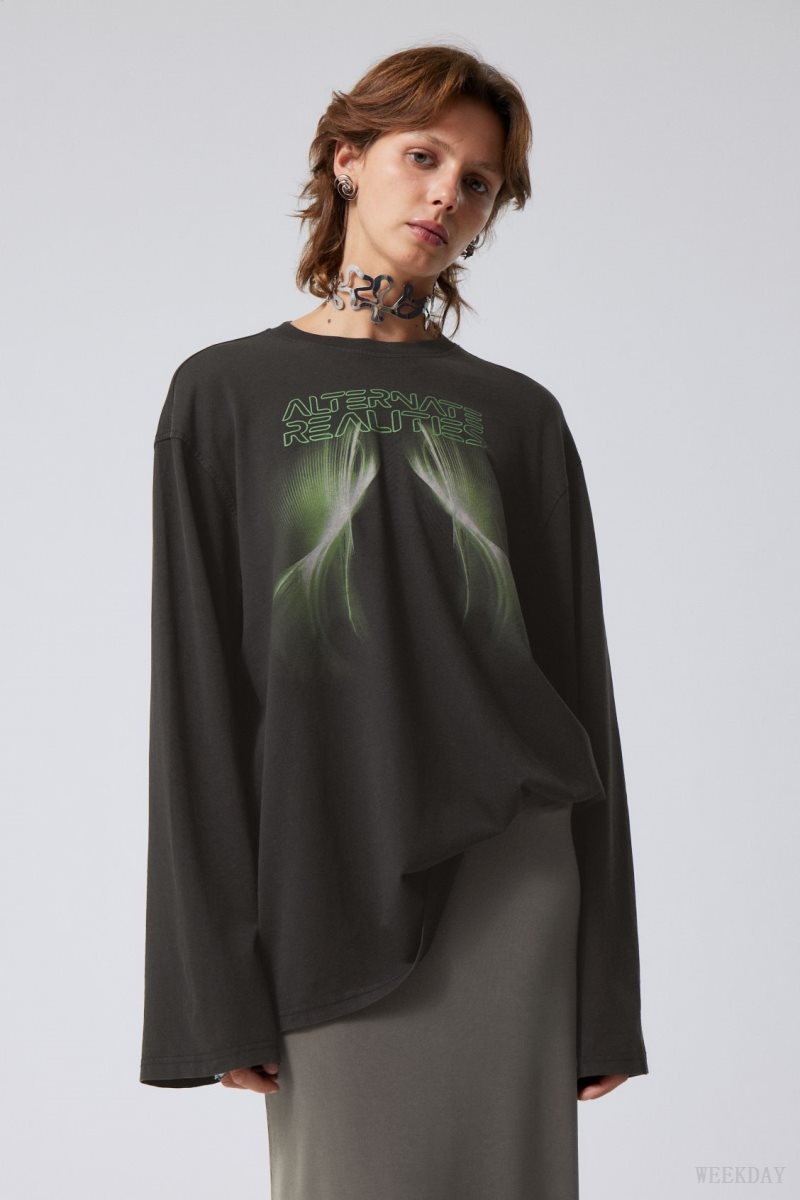 Weekday Oversized Printed Long Sleeve T-shirt Alternate Realitites | TQWU1498