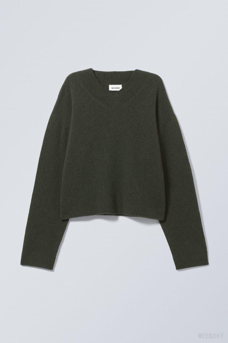 Weekday Reese V-neck ウール Sweater 暗緑 | MUXS4583