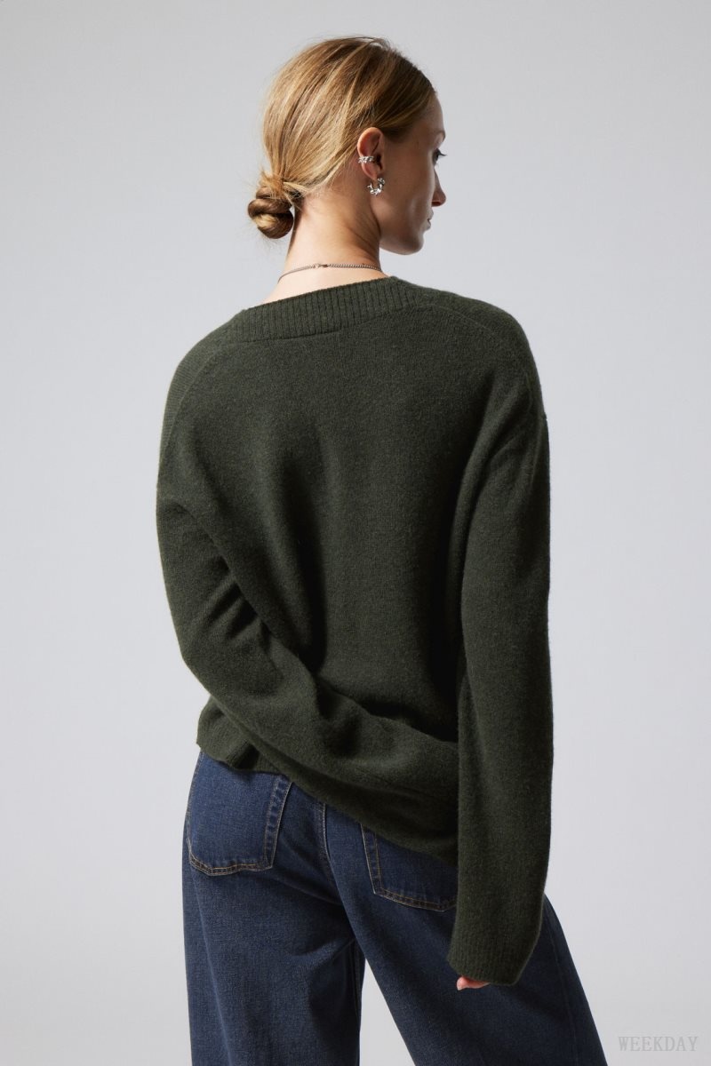 Weekday Reese V-neck ウール Sweater 暗緑 | MUXS4583