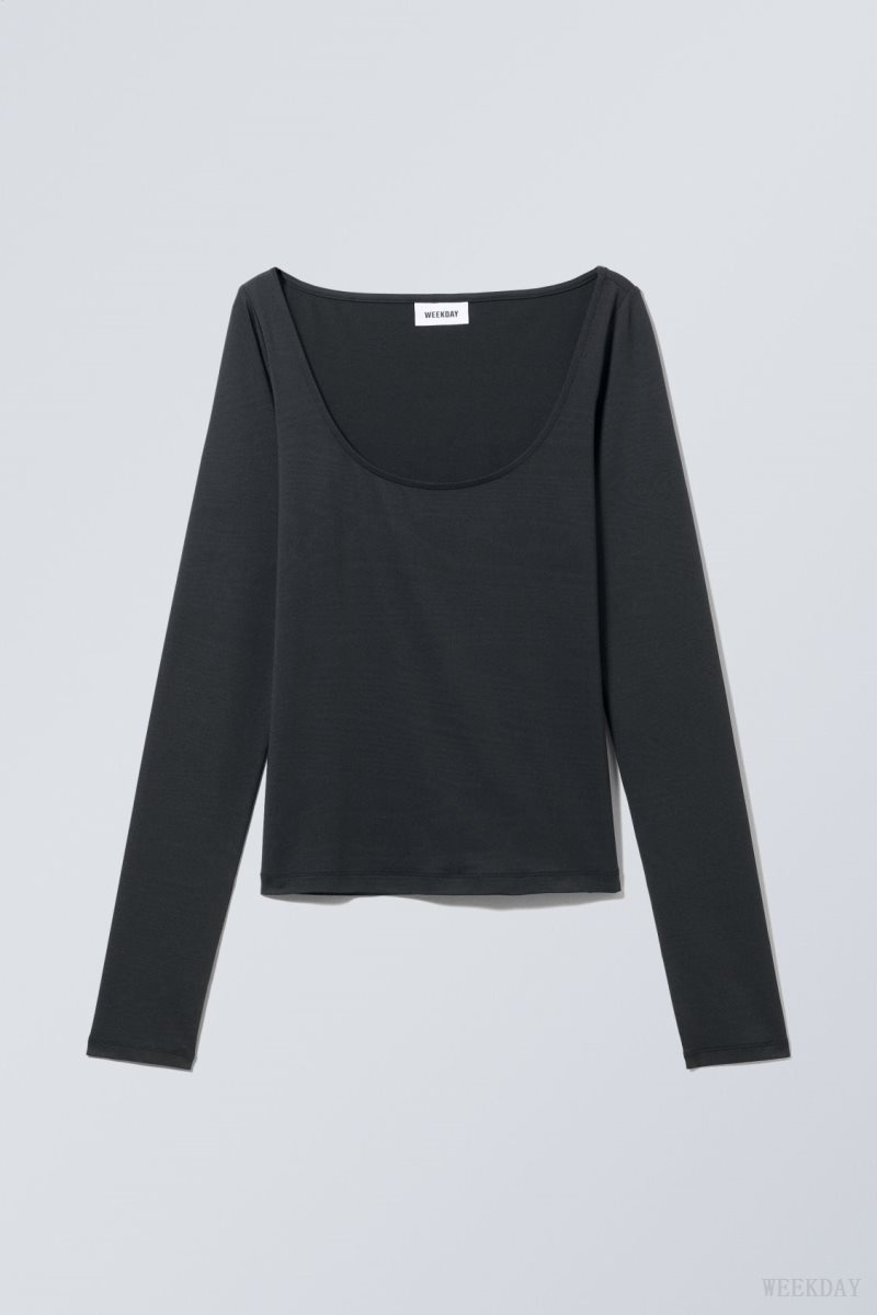 Weekday Tea Scoop Neck Long Sleeve Top 黒 | CPJG8895